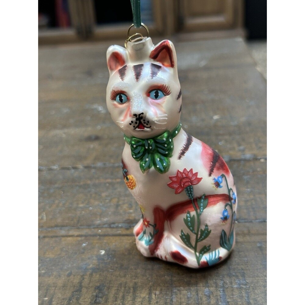 Nathalie Lete Glitterville Floral Cat Glass Ornament Hand Painted Rare 4.5” 2022